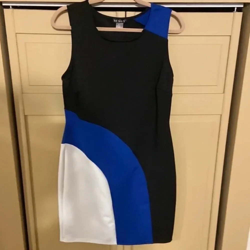 Like New Venus Color Block Bodycon Dress Blue, White & Black Cocktail Sz L - Picture 4 of 8